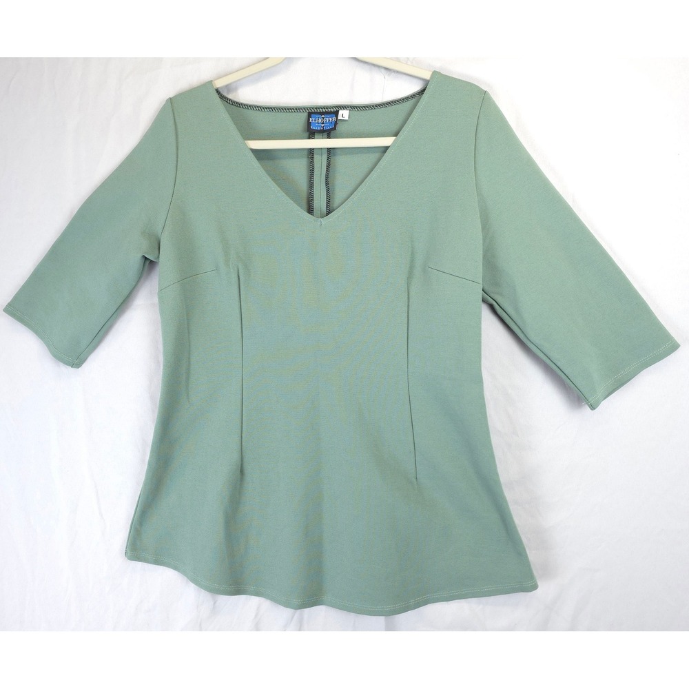 Elhoffer Essentials Green V-Neck Stretch Top Women L Elbow Sleeve Flared Hem‎